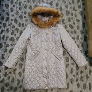 IMAN Gray Quilted Puffer Coat Fur Lined Hood sz M
